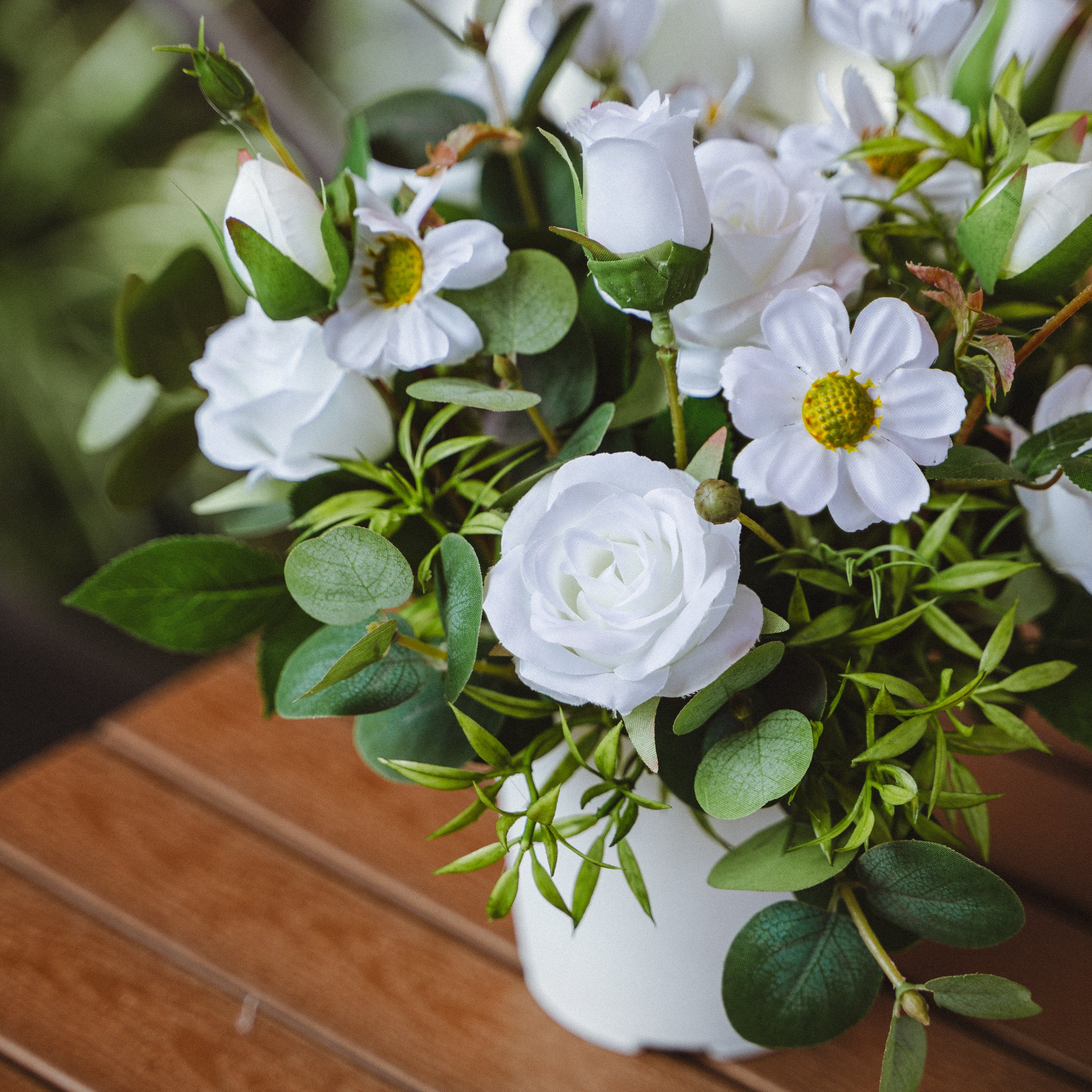 Artificial Spray Rose and Daisy Plant in Plastic Pot