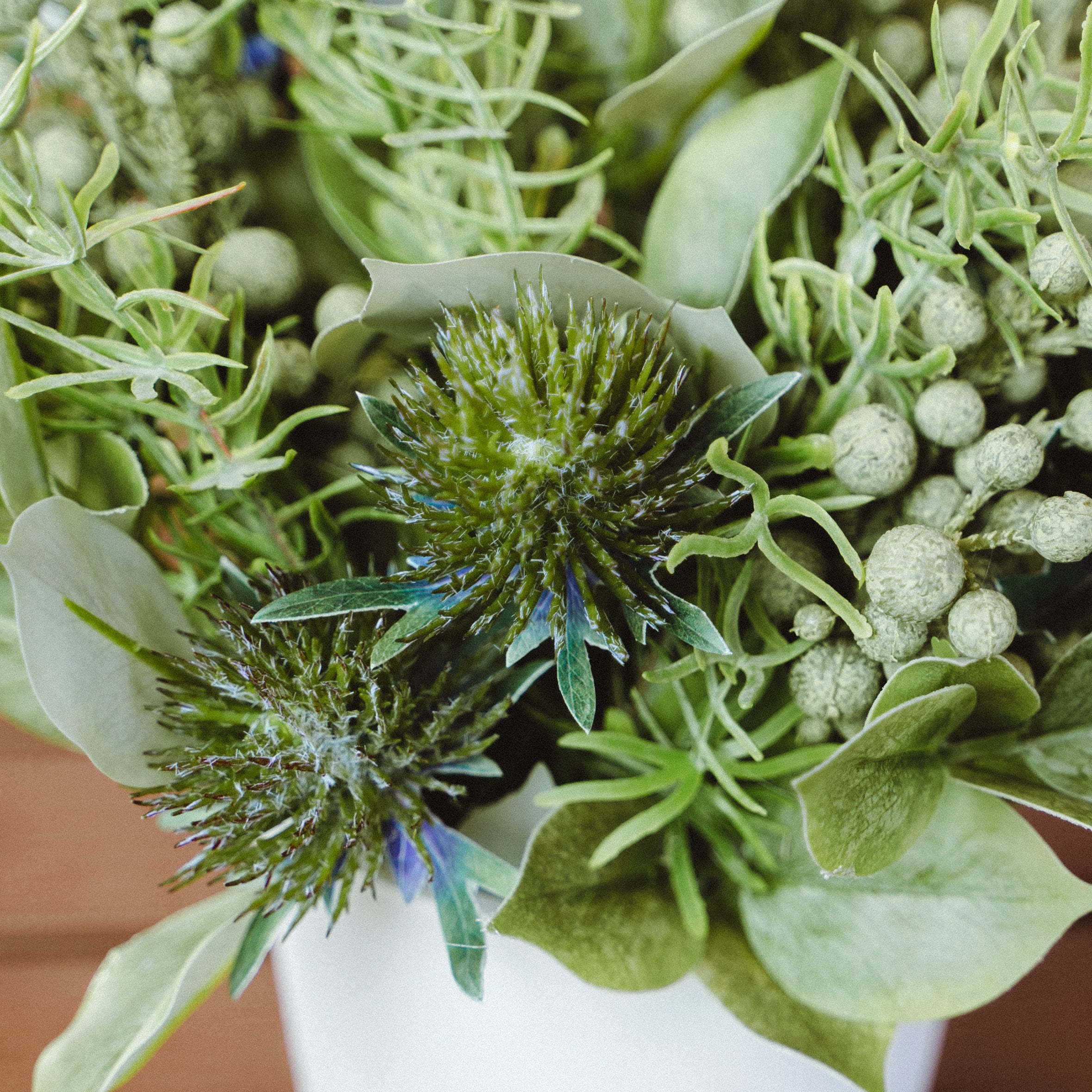 Artificial Eryngium and Bruniaberry in Plastic Pot with Cochinchinese Asparagus – Real Touch Indoor Tabletop Display