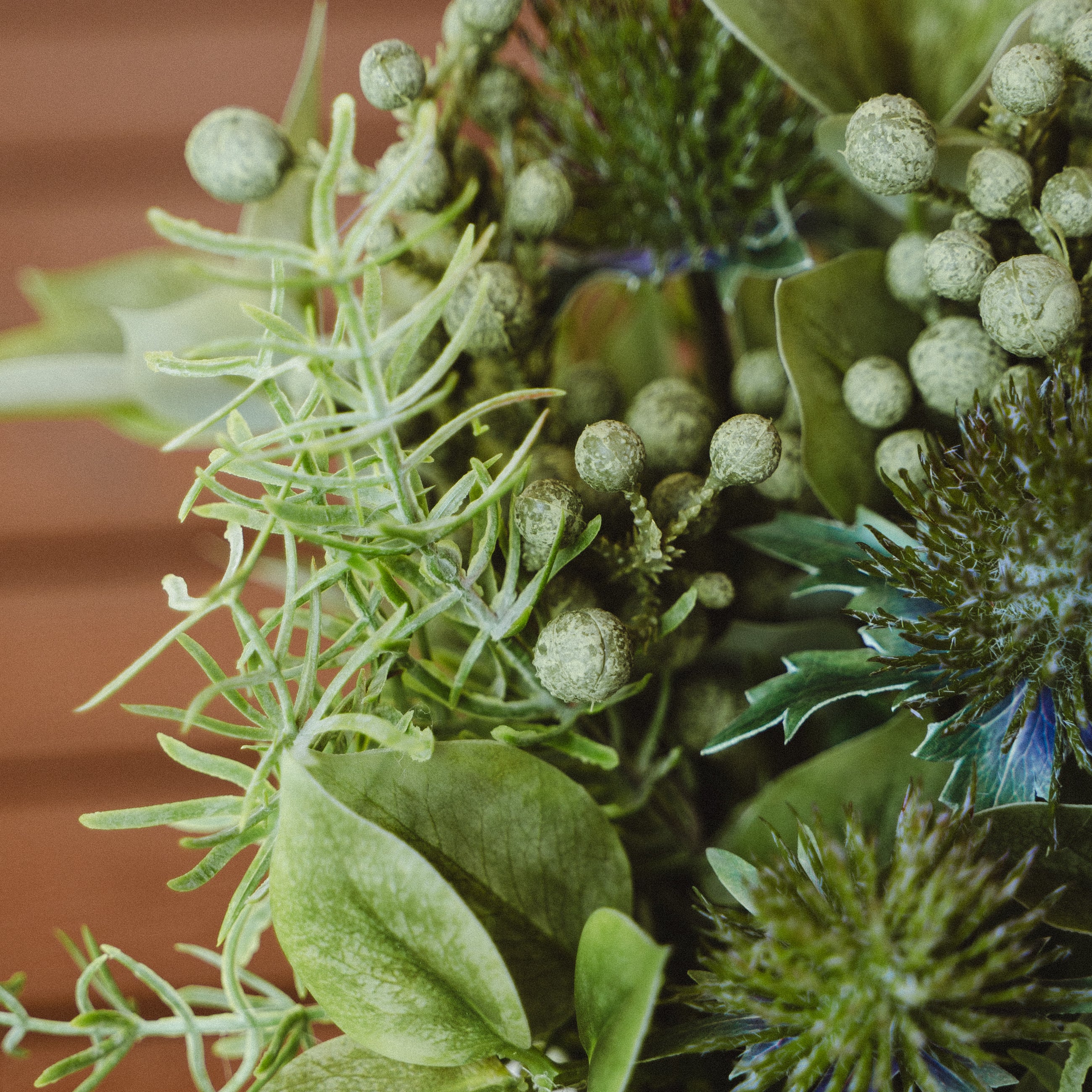 Faux Potted Eryngium and Bruniaberry Arrangement with Cochinchinese Asparagus for Indoor Home Decor Centerpiece