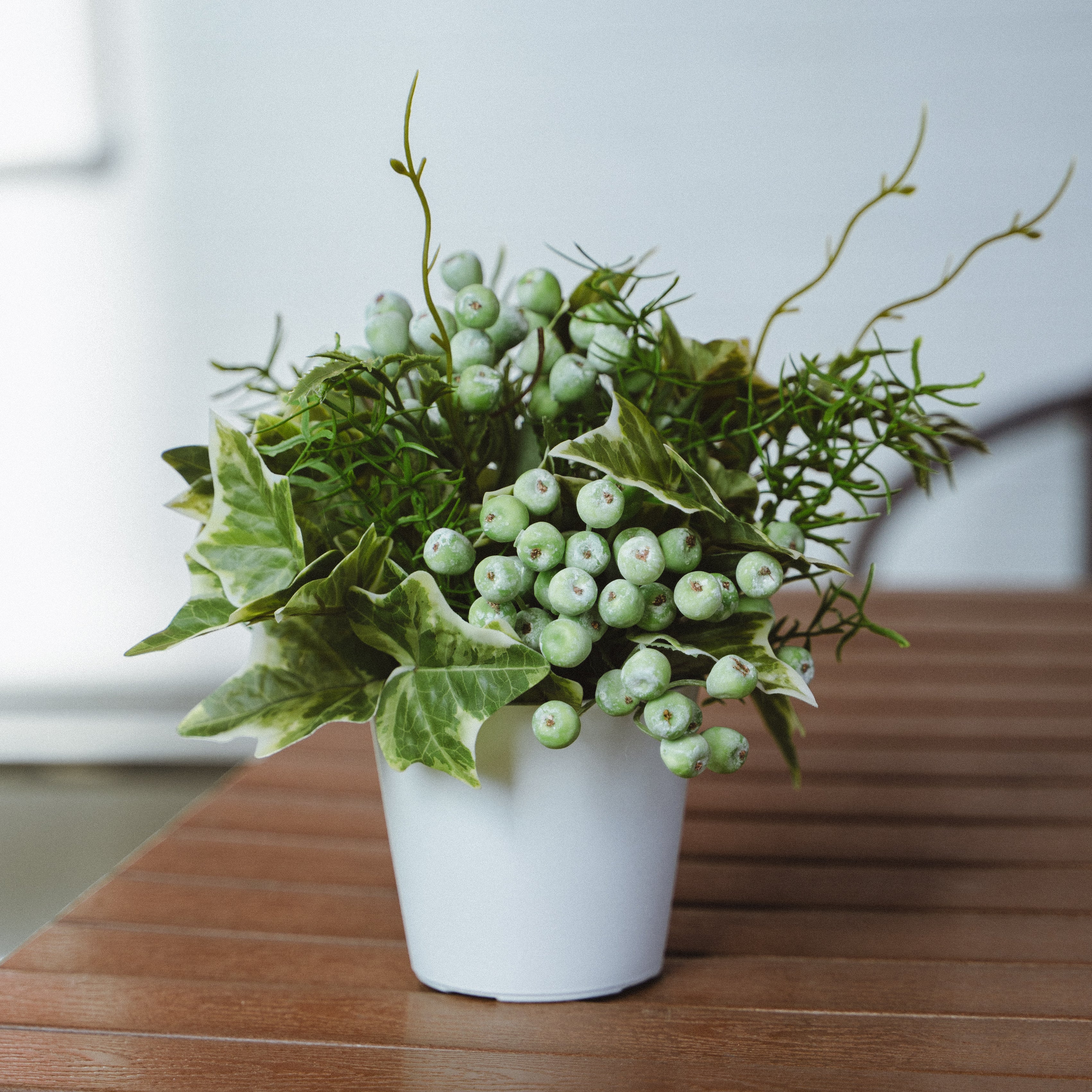 Artificial Wild Berries and Ferns in Plastic Pot with Cochinchinese Asparagus – Real Touch Indoor Tabletop Display