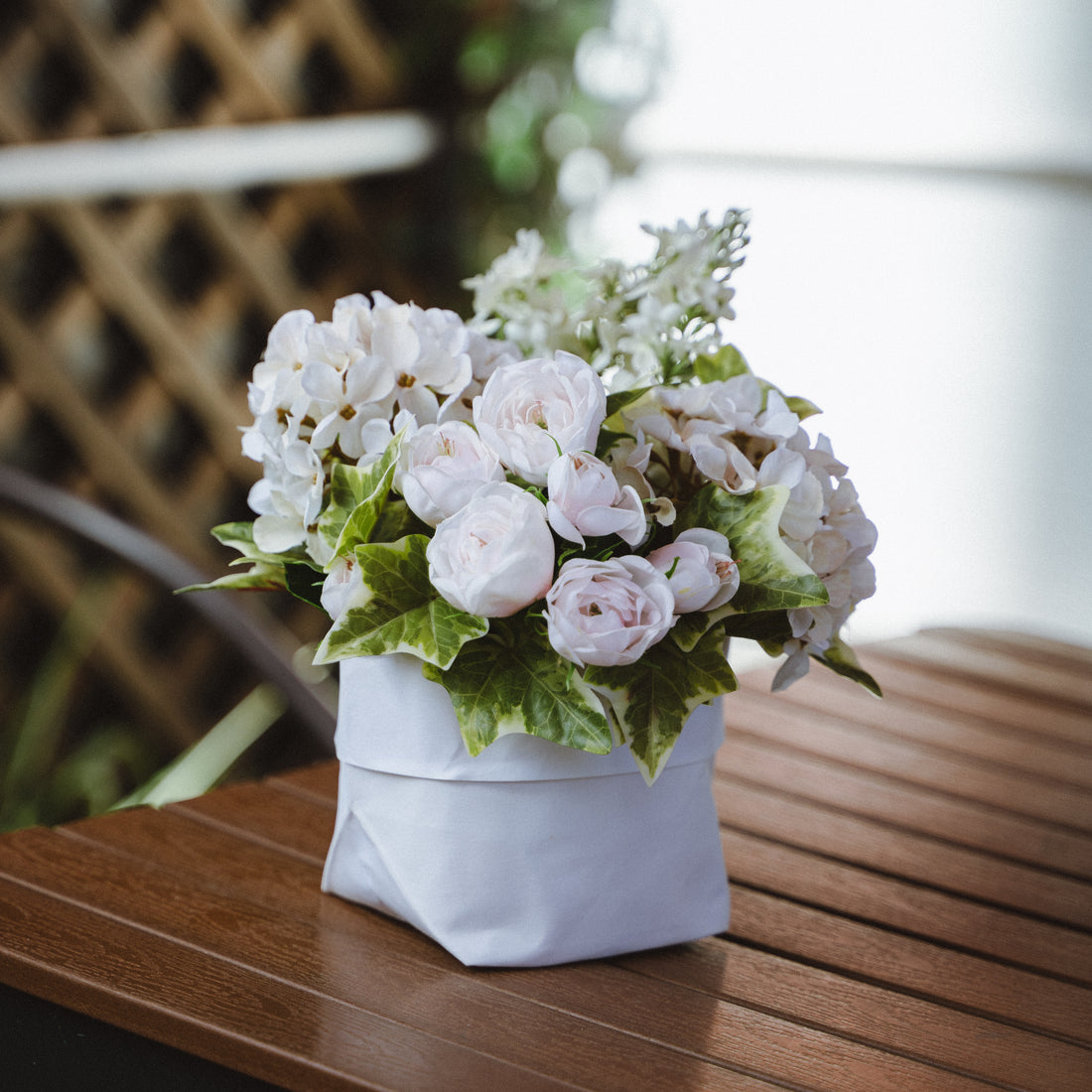 Faux Potted Snowball and Ivy Arrangement