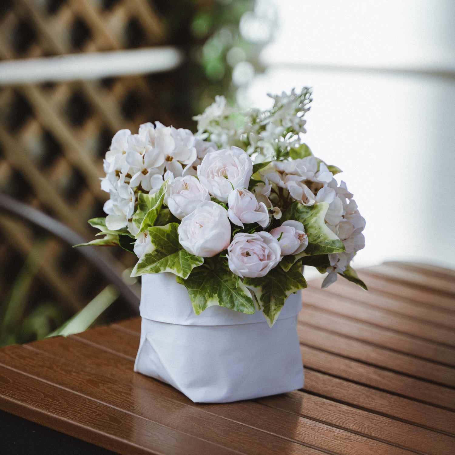 Faux Potted Snowball and Ivy Arrangement