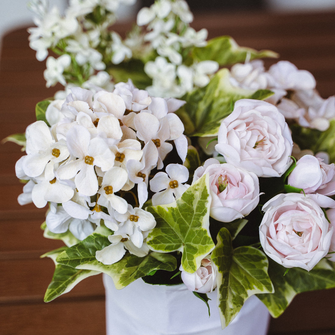 Faux Potted Snowball and Ivy Arrangement