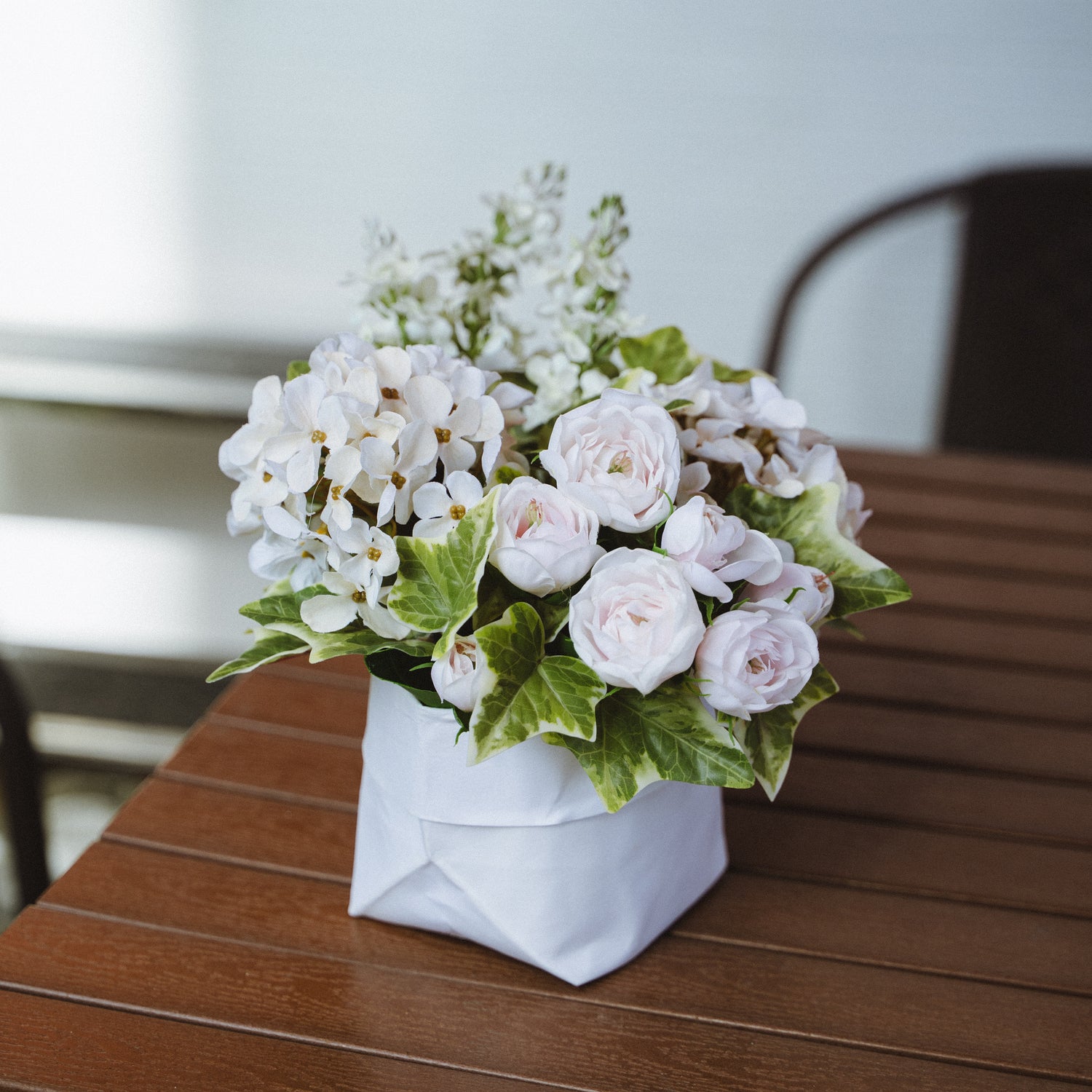 Faux Potted Snowball and Ivy Arrangement