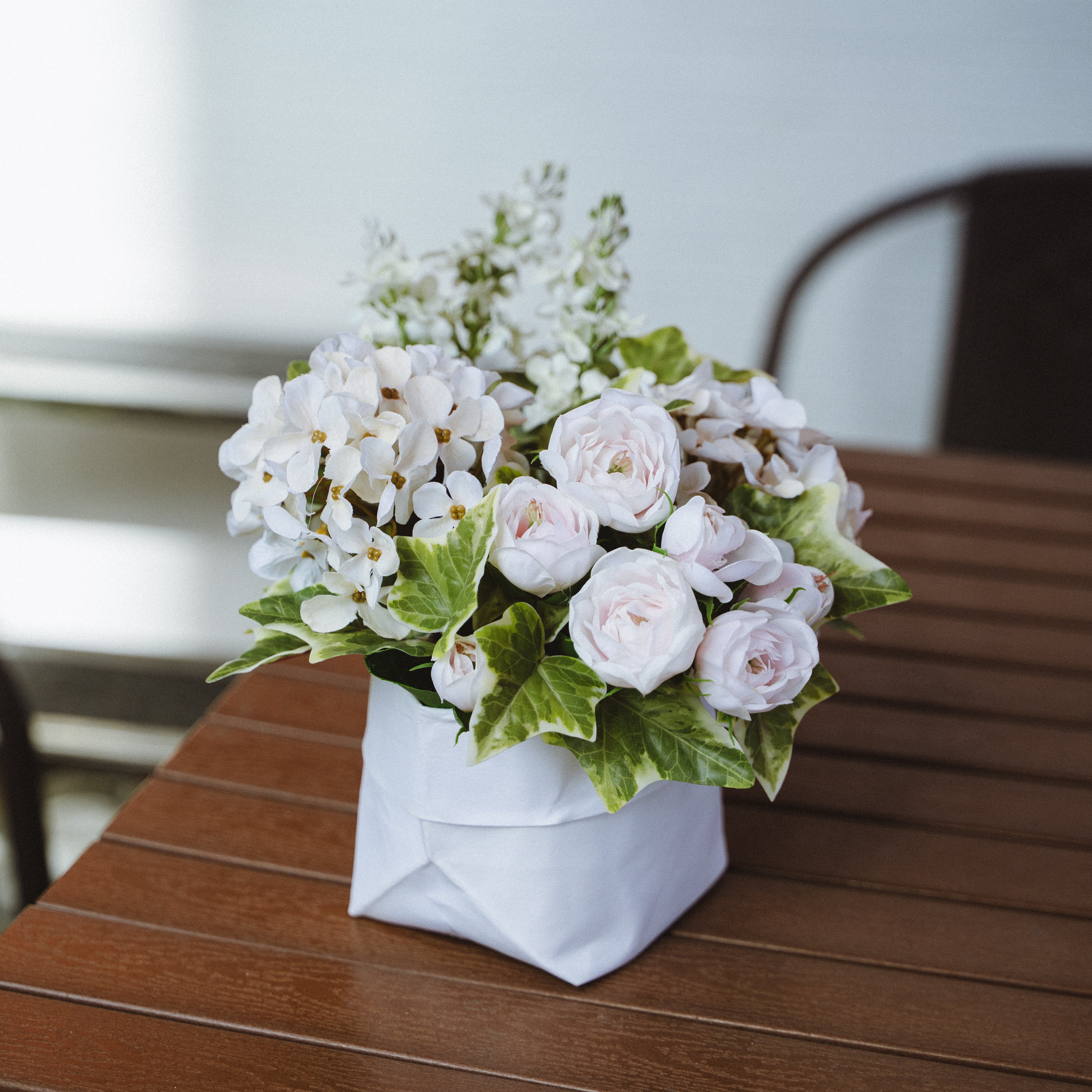 Faux Potted Snowball and Ivy Arrangement
