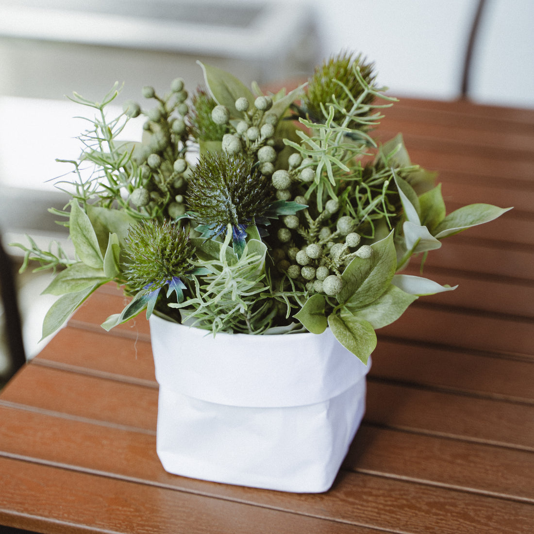 Flash Sale Faux Potted Eryngium and Bruniaberry Arrangement with Cochinchinese Asparagus for Indoor Home Decor Centerpiece