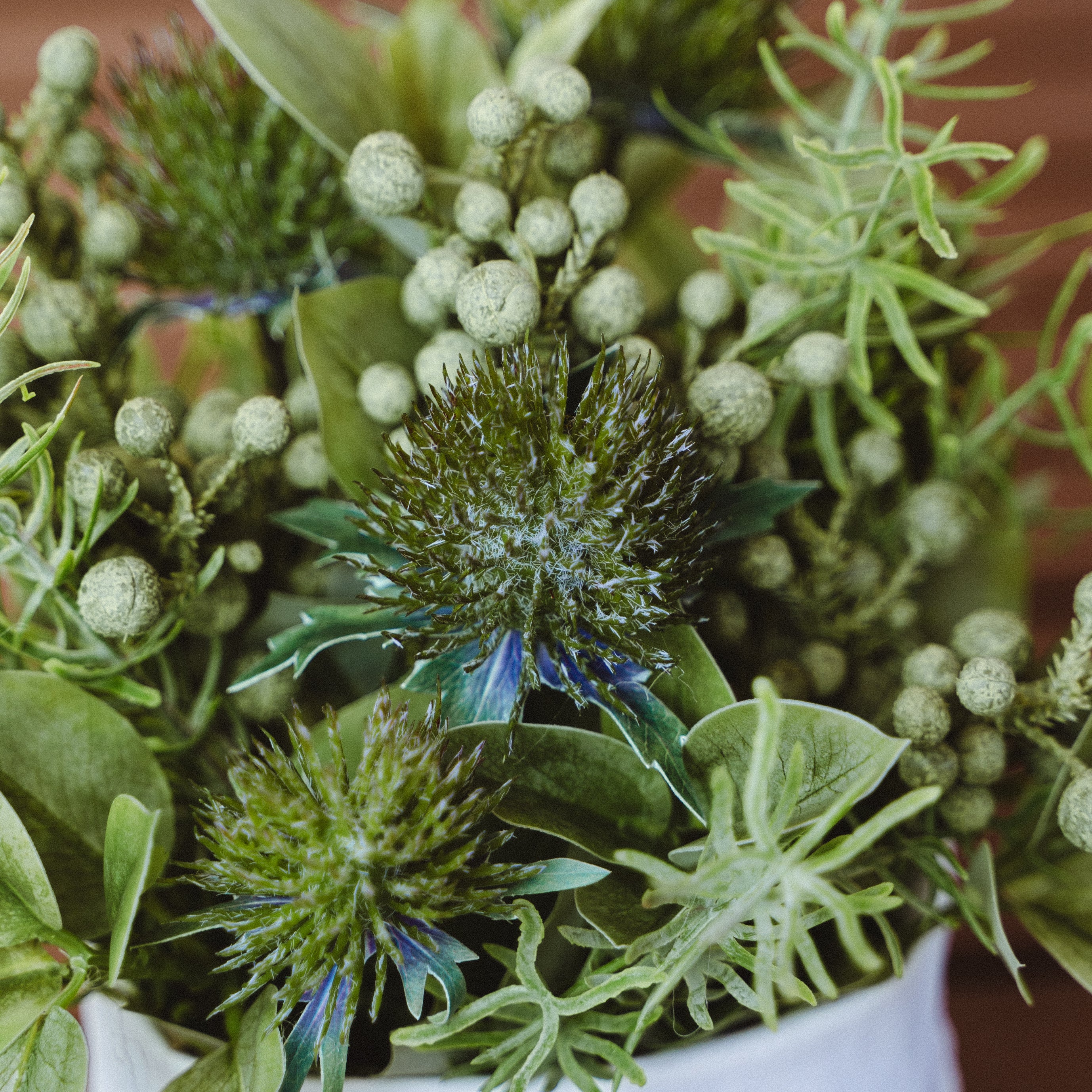 Faux Potted Eryngium and Bruniaberry Arrangement with Cochinchinese Asparagus for Indoor Home Decor Centerpiece