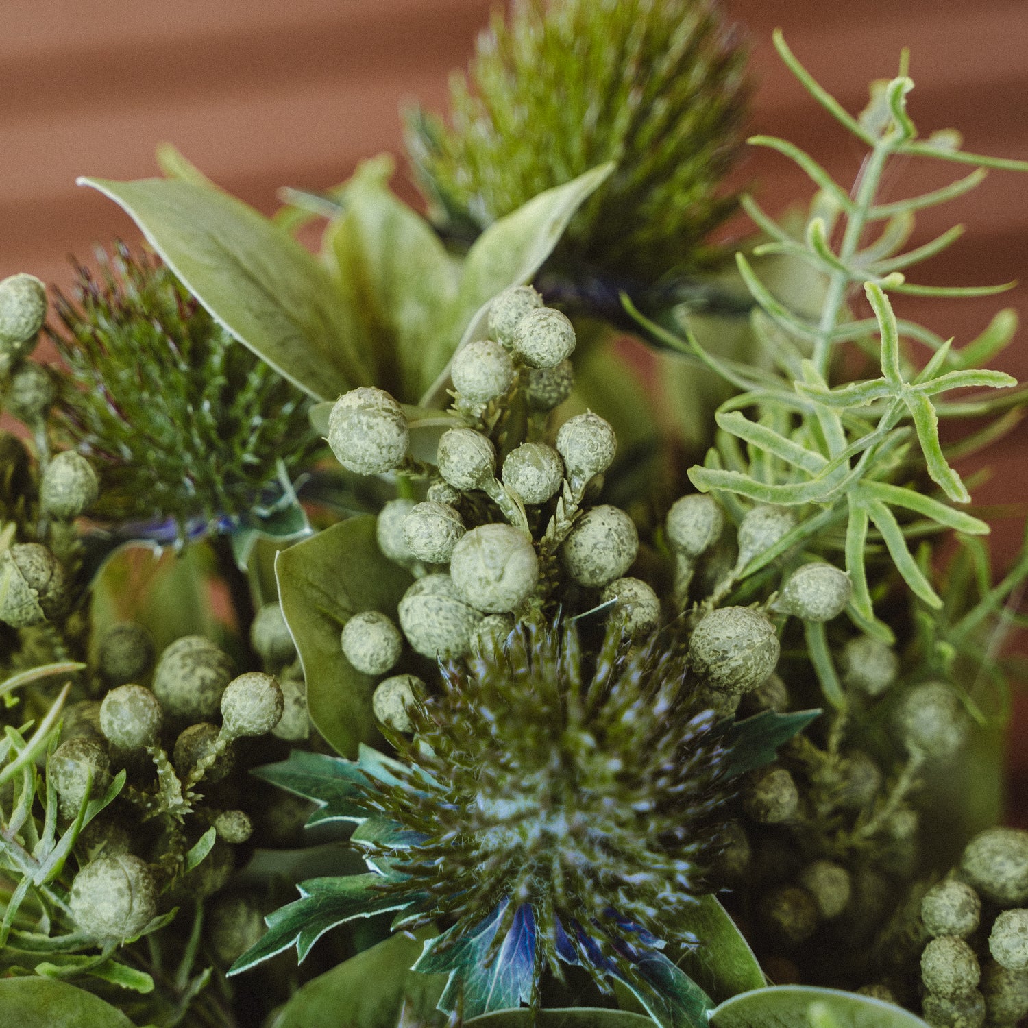 Faux Potted Eryngium and Bruniaberry Arrangement with Cochinchinese Asparagus for Indoor Home Decor Centerpiece