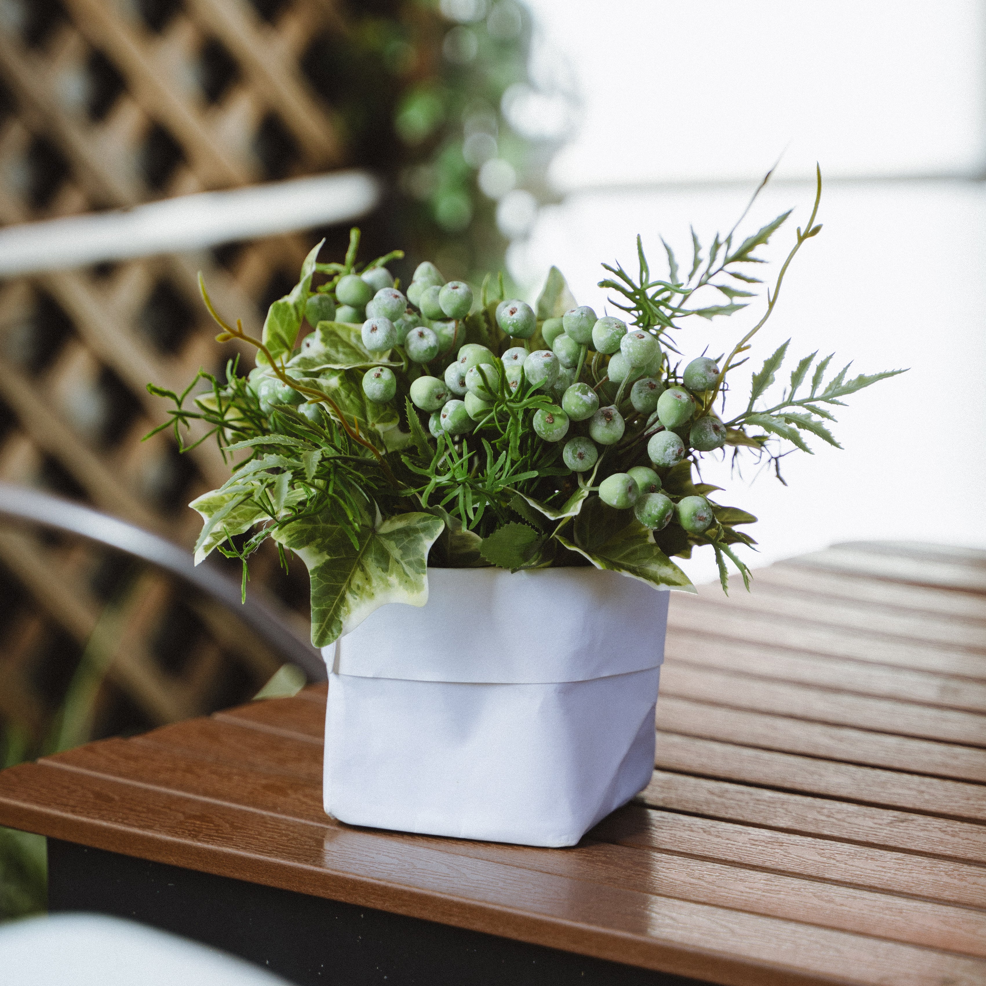 Faux Potted Wild Berries and Ferns Arrangement with Cochinchinese Asparagus for Indoor Home Decor Centerpiece