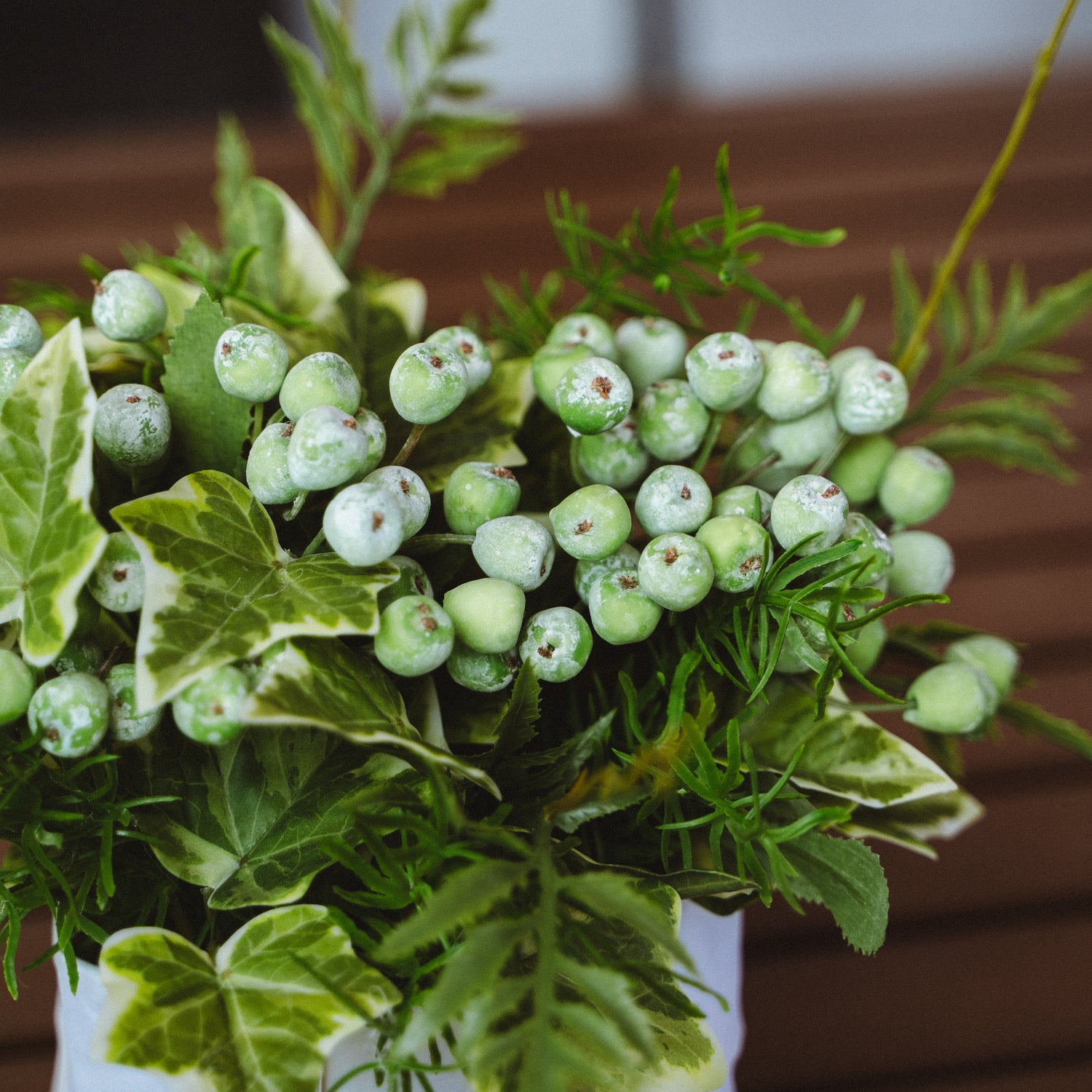 Faux Potted Wild Berries and Ferns Arrangement with Cochinchinese Asparagus for Indoor Home Decor Centerpiece