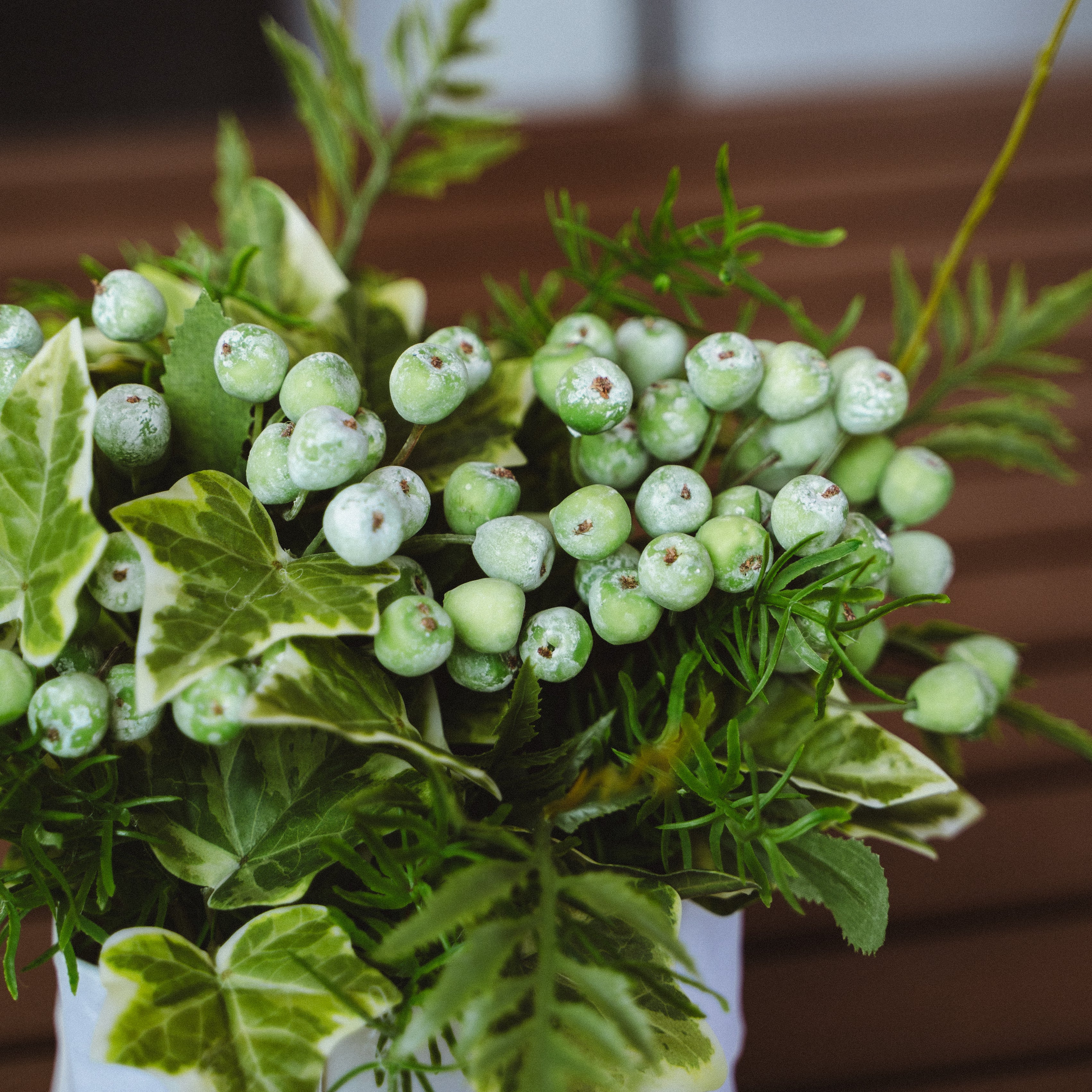 Faux Potted Wild Berries and Ferns Arrangement with Cochinchinese Asparagus for Indoor Home Decor Centerpiece
