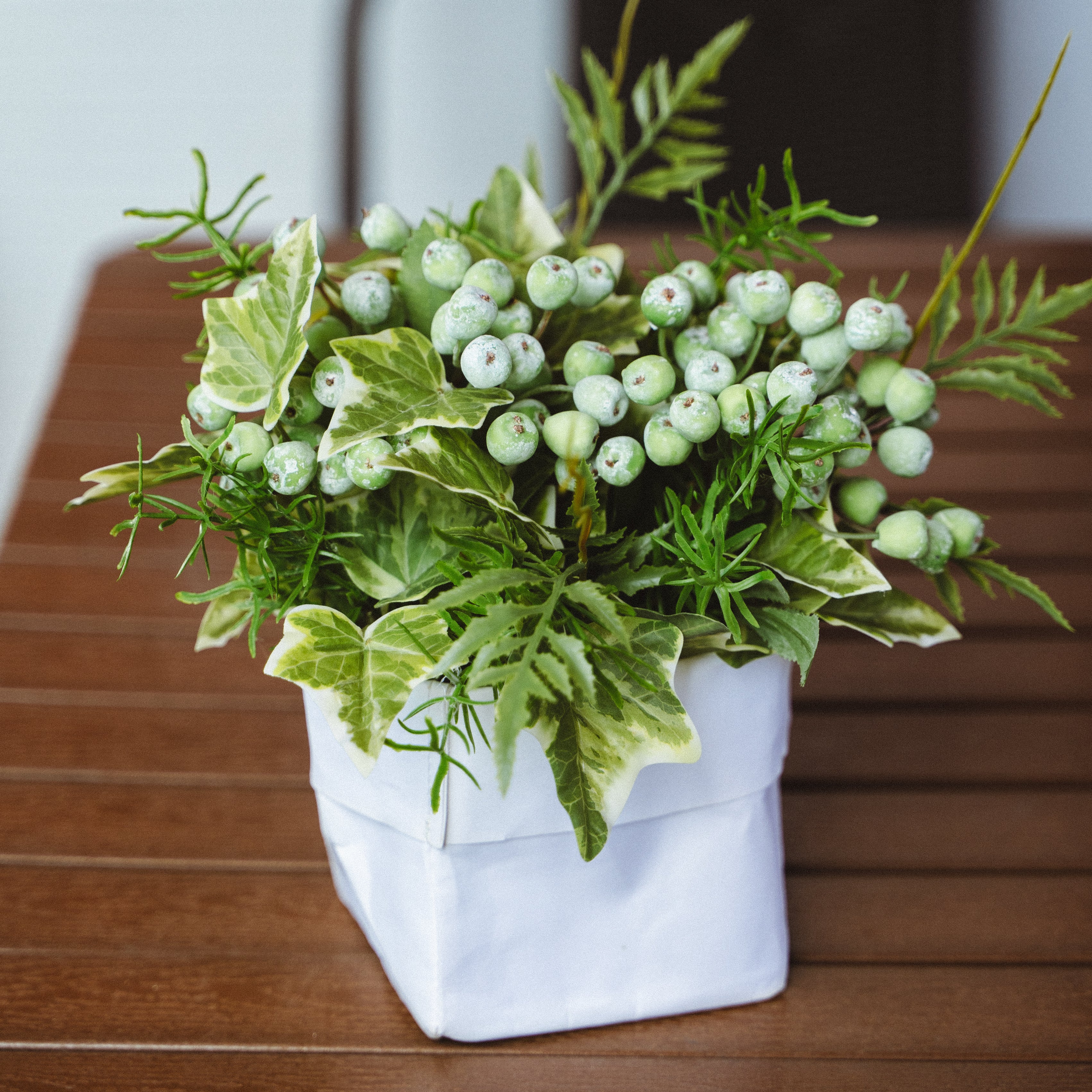 Faux Potted Wild Berries and Ferns Arrangement with Cochinchinese Asparagus for Indoor Home Decor Centerpiece