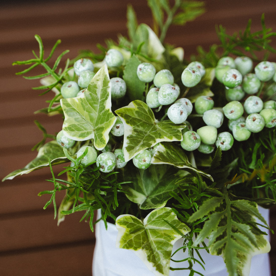 Faux Potted Wild Berries and Ferns Arrangement with Cochinchinese Asparagus for Indoor Home Decor Centerpiece