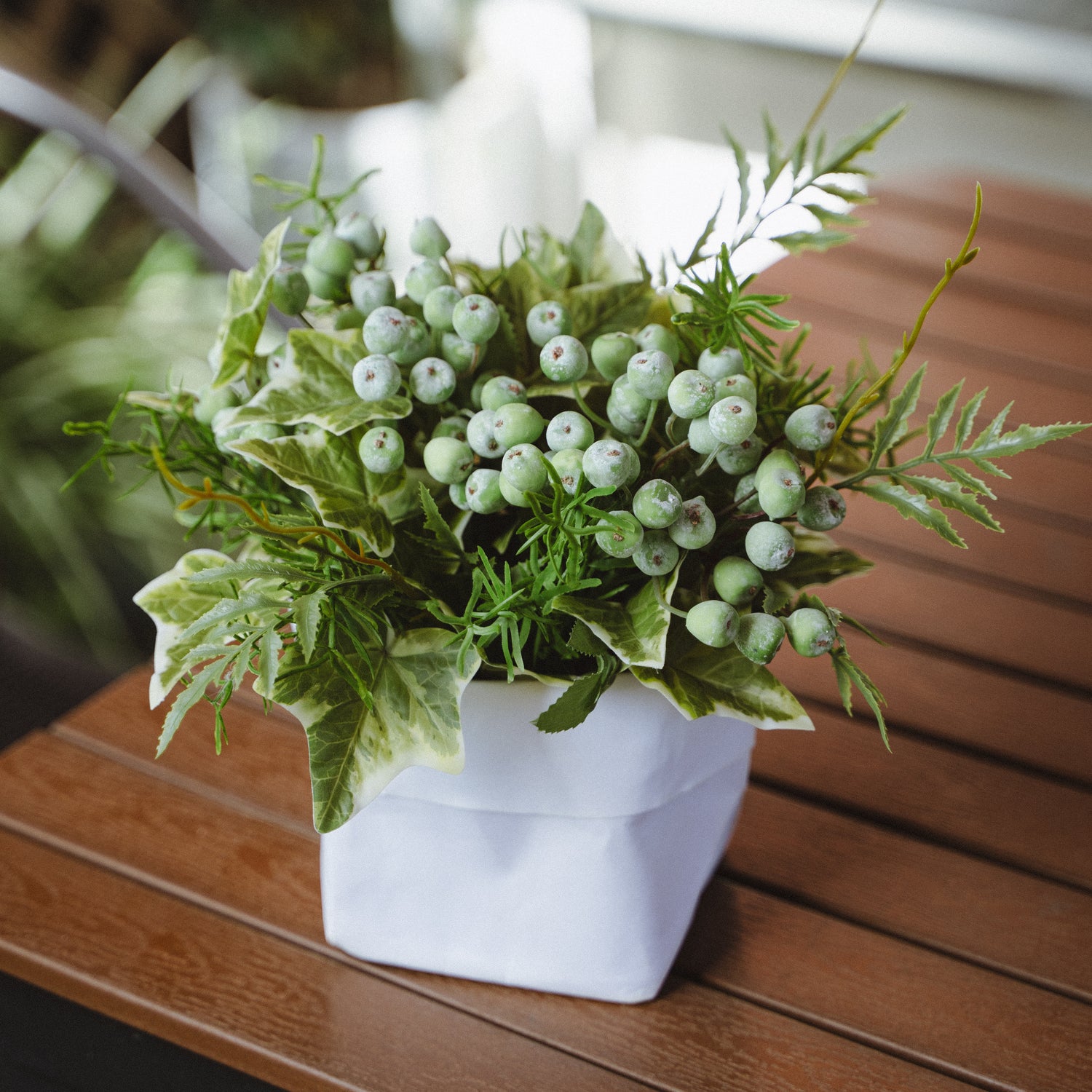 Faux Potted Wild Berries and Ferns Arrangement with Cochinchinese Asparagus for Indoor Home Decor Centerpiece