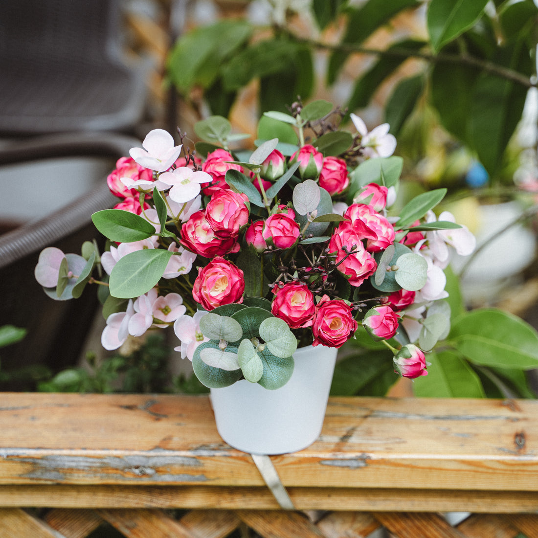 Artificial Spray Rose and Hydrangea in Plastic Pot – Indoor Tabletop Display
