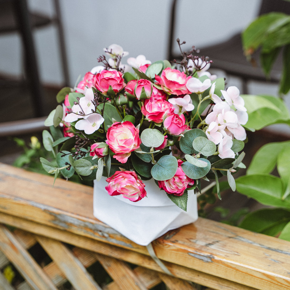 Faux Potted Spray Rose and Hydrangea Arrangement for Indoor Decor