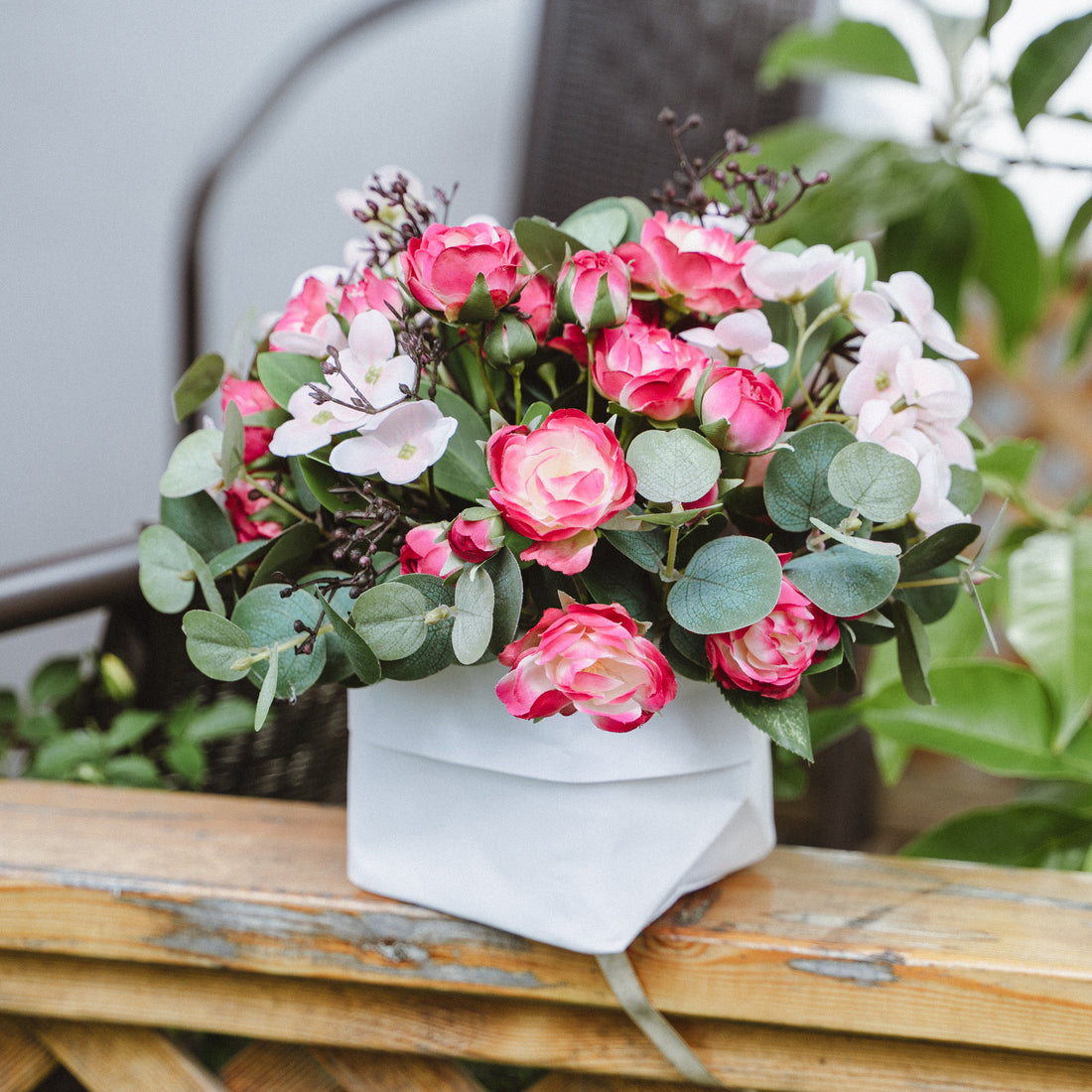 Faux Potted Spray Rose and Hydrangea Arrangement for Indoor Decor