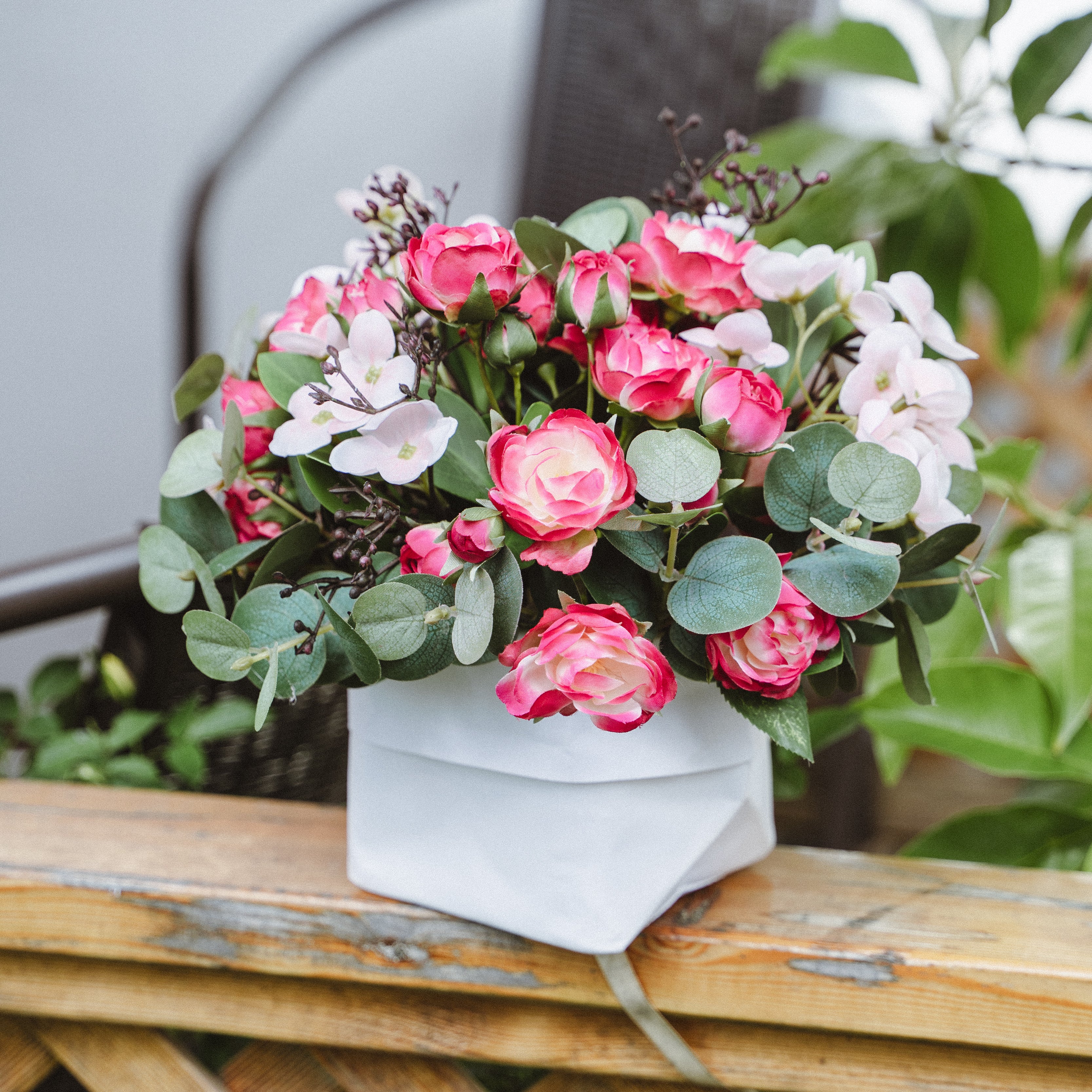 Faux Potted Spray Rose and Hydrangea Arrangement for Indoor Decor