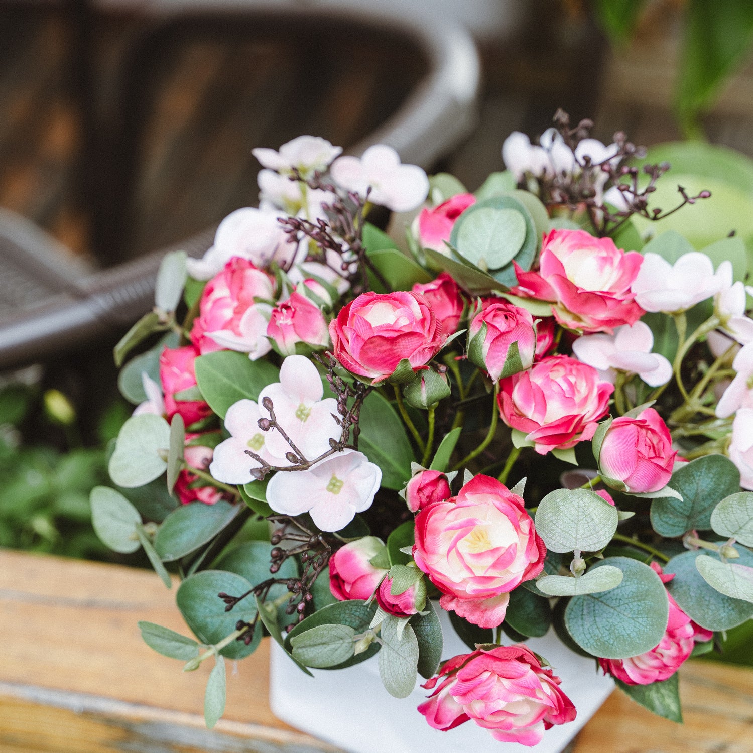 Faux Potted Spray Rose and Hydrangea Arrangement for Indoor Decor