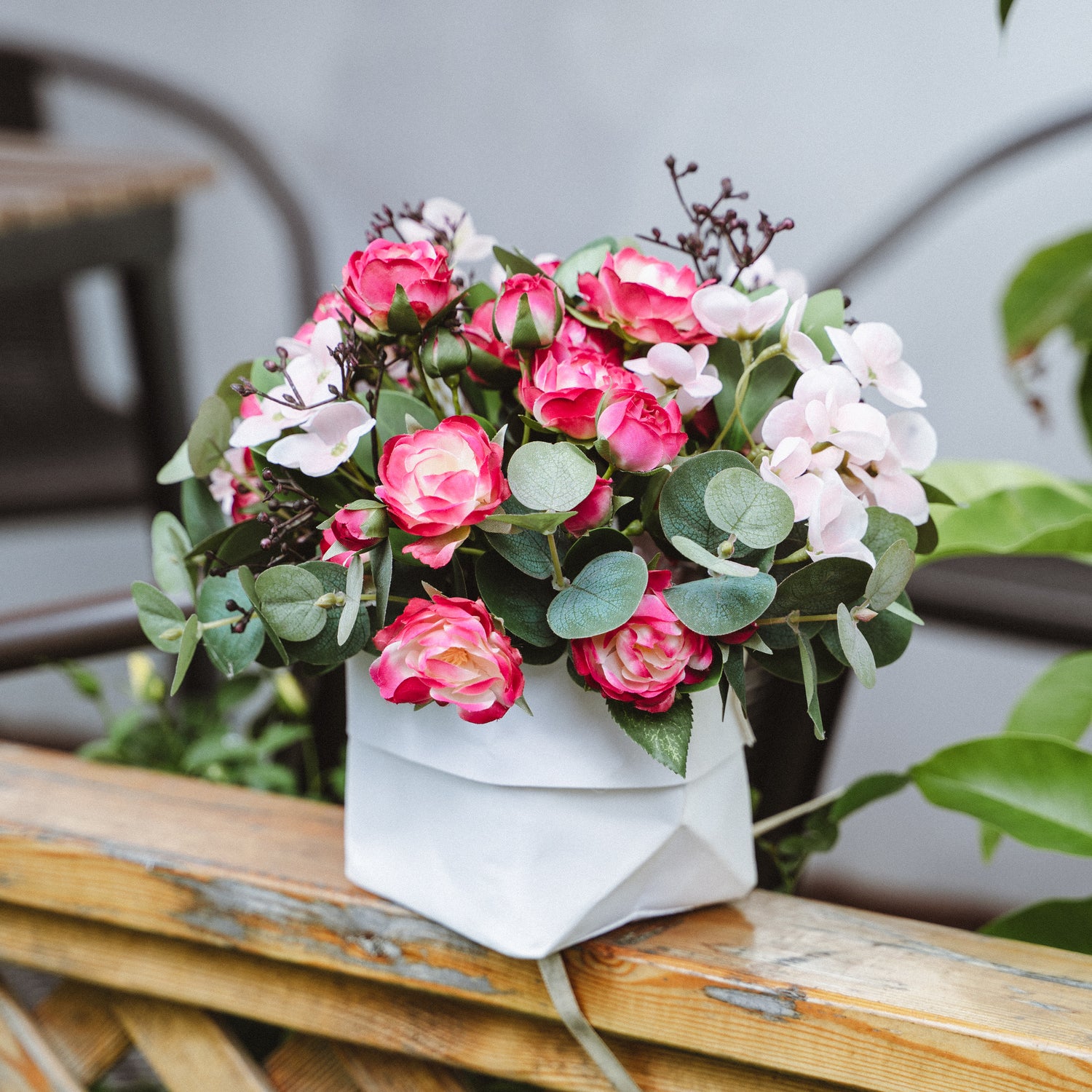 Faux Potted Spray Rose and Hydrangea Arrangement for Indoor Decor