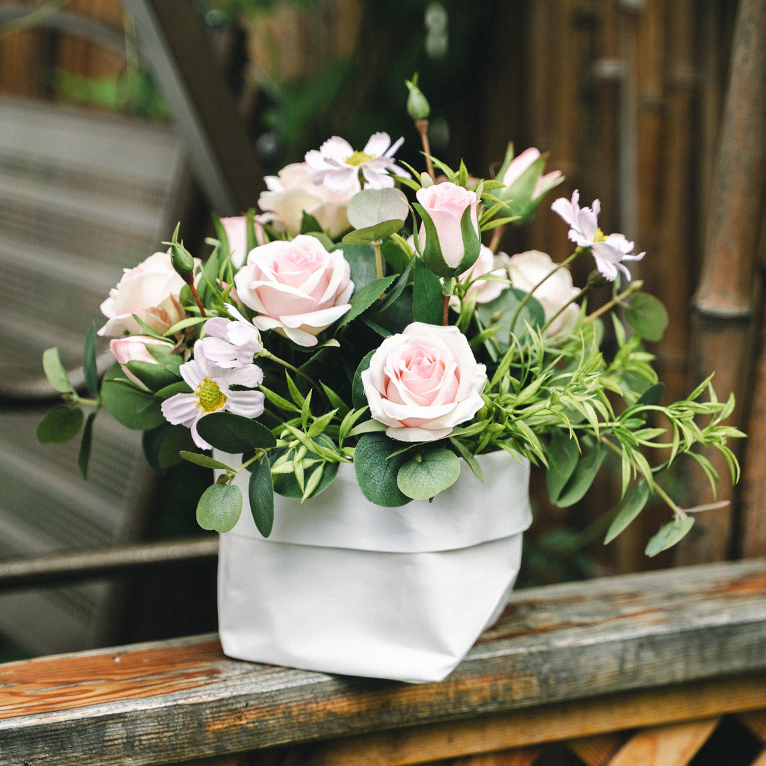 Faux Potted Spray Rose and Daisy Arrangement for Indoor Decor