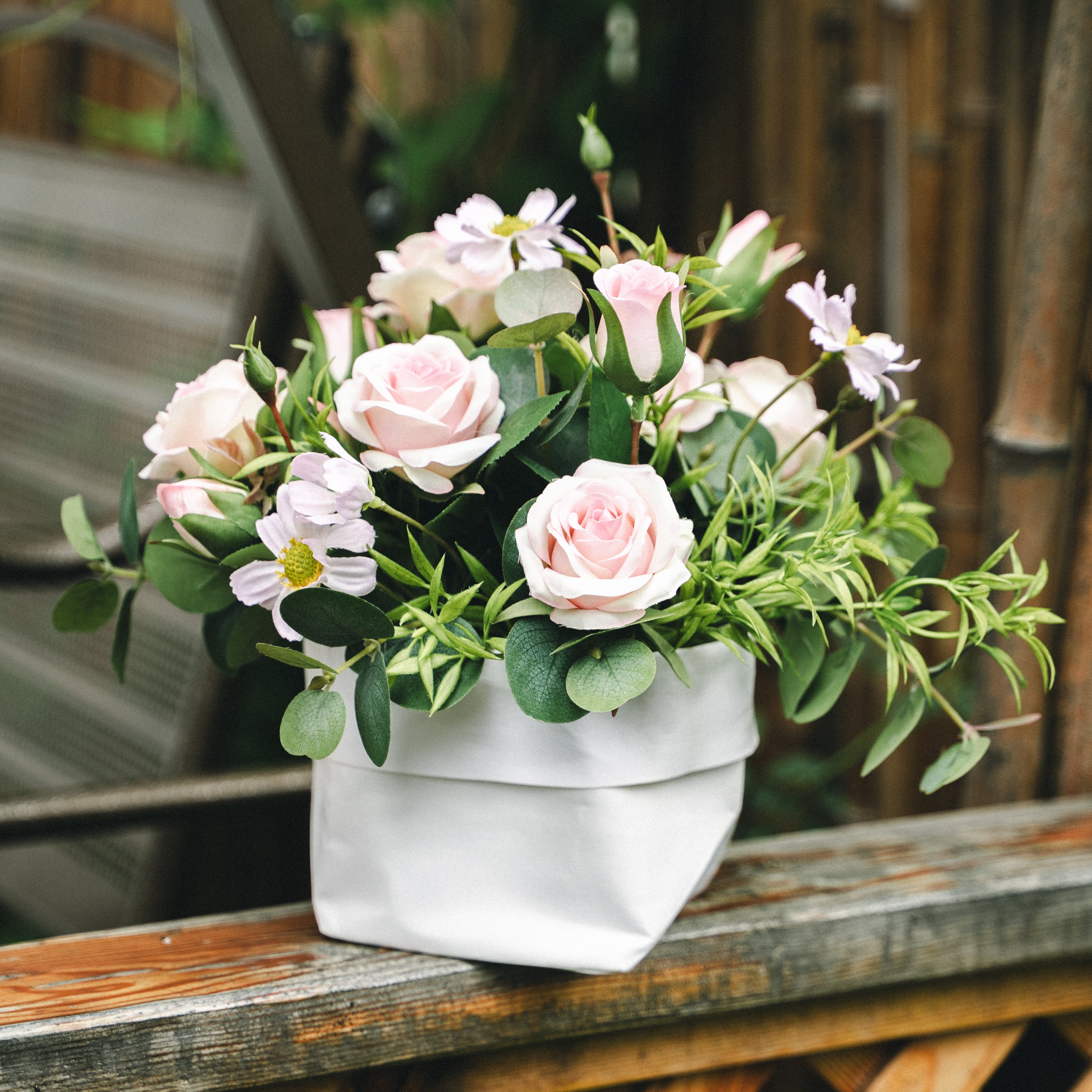 Faux Potted Spray Rose and Daisy Arrangement for Indoor Decor