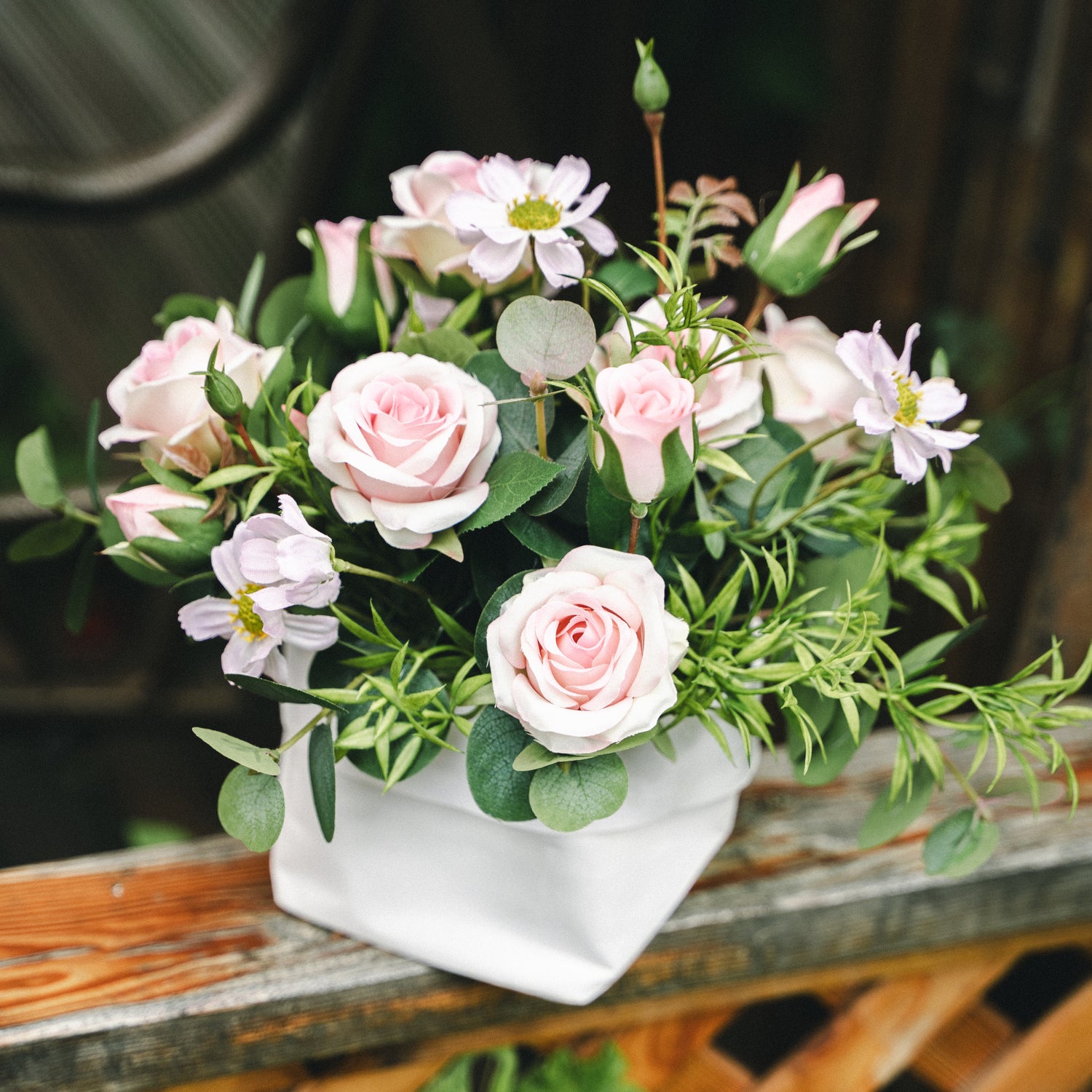 Faux Potted Spray Rose and Daisy Arrangement for Indoor Decor