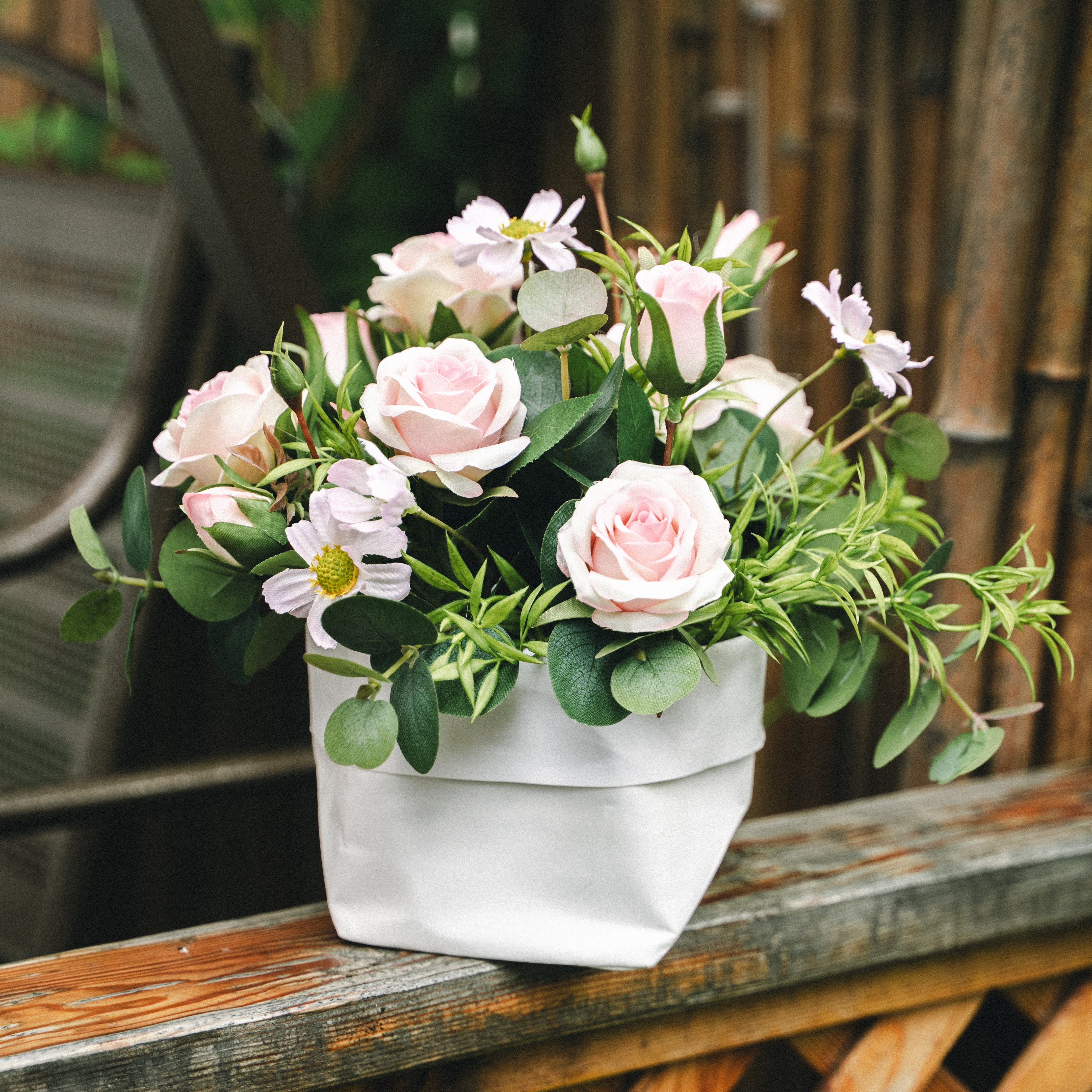 Faux Potted Spray Rose and Daisy Arrangement for Indoor Decor