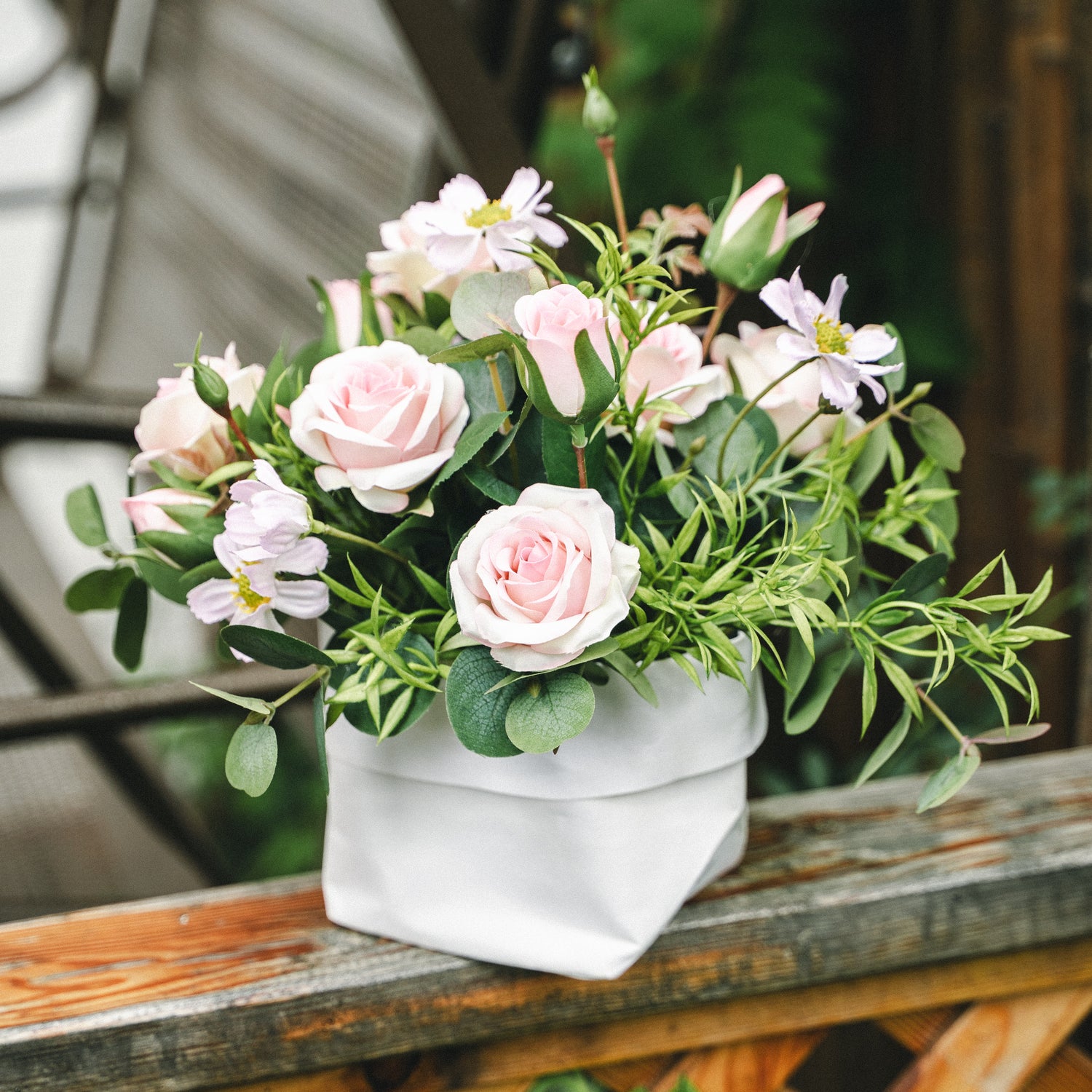 Faux Potted Spray Rose and Daisy Arrangement for Indoor Decor
