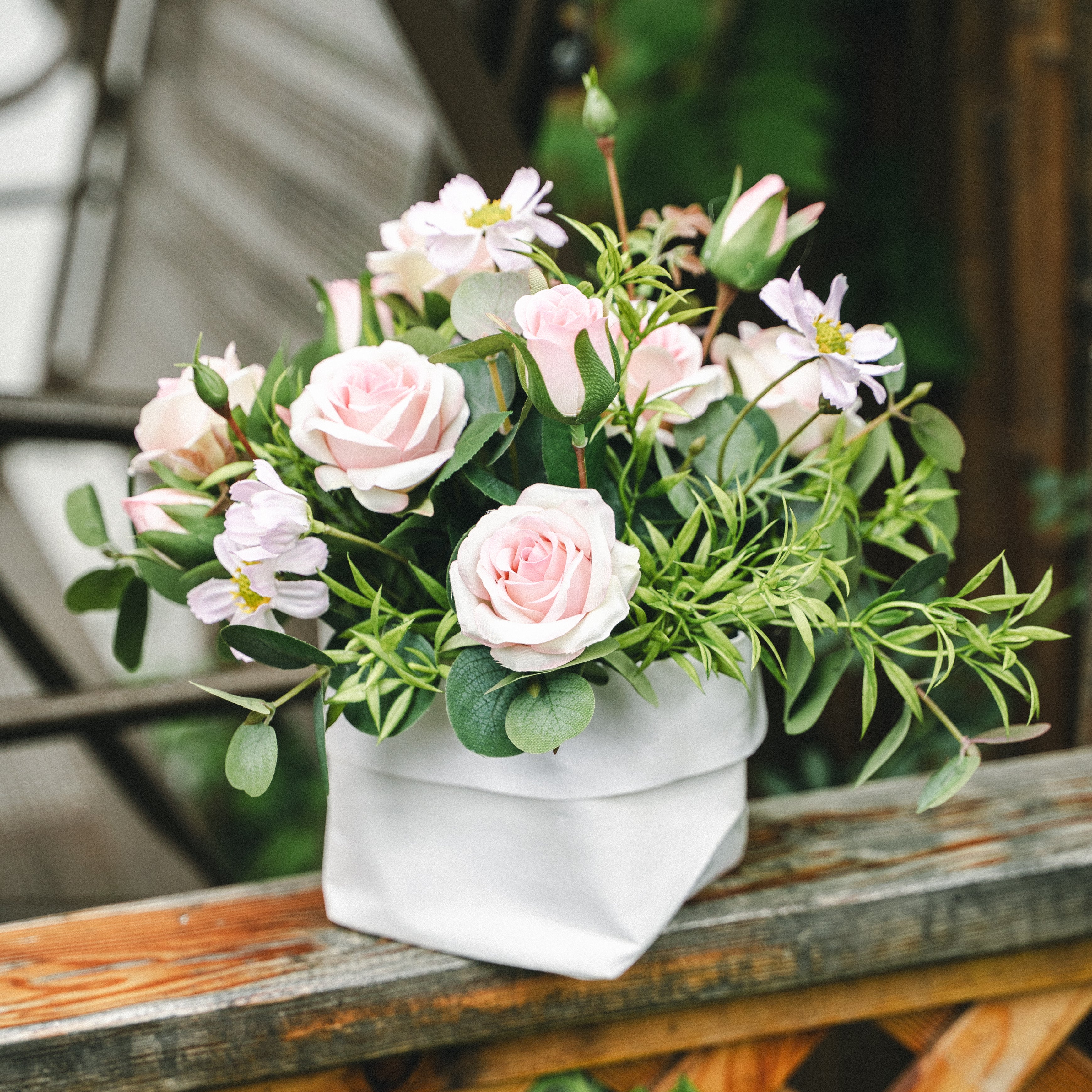 Faux Potted Spray Rose and Daisy Arrangement for Indoor Decor