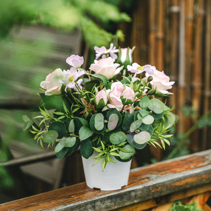 Artificial Spray Rose and Daisy in Plastic Pot – Indoor Tabletop Display