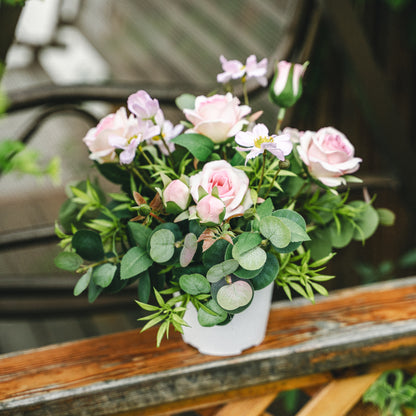 Artificial Spray Rose and Daisy in Plastic Pot – Indoor Tabletop Display