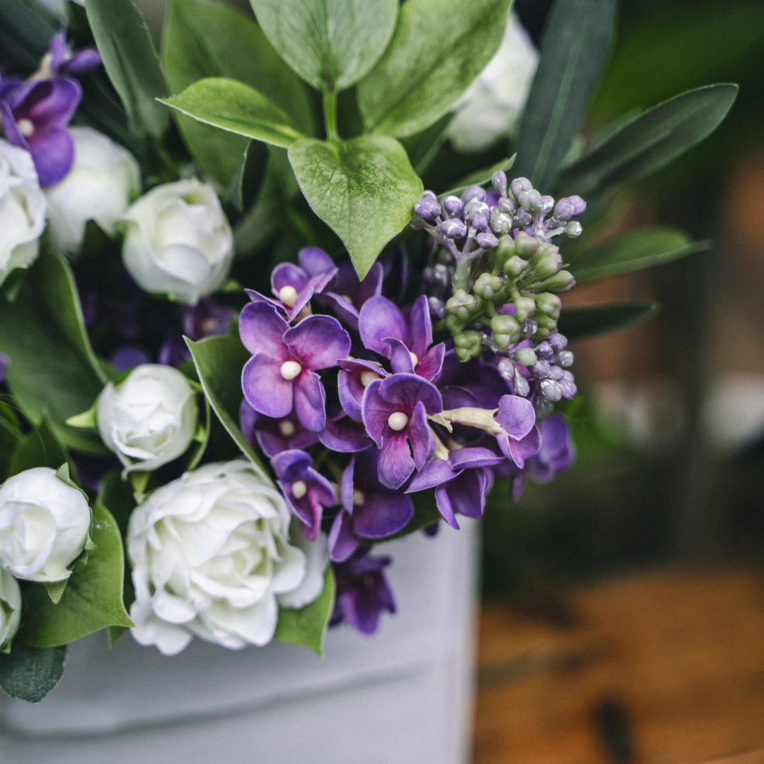 Faux Potted Lilac and Olive Arrangement for Indoor Decor
