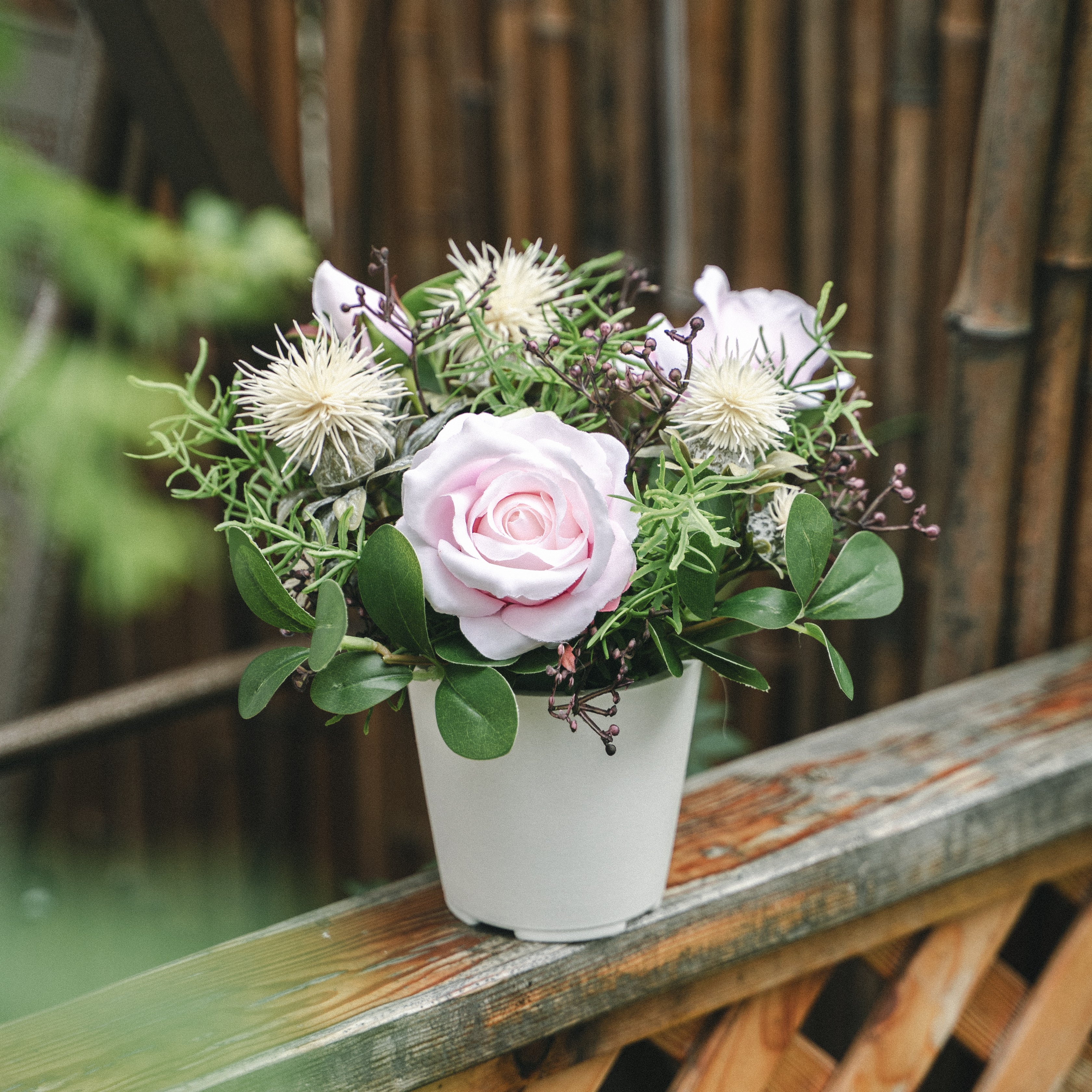 Artificial Carthamus and Cochinchinese Asparagus in Plastic Pot – Indoor Tabletop Display